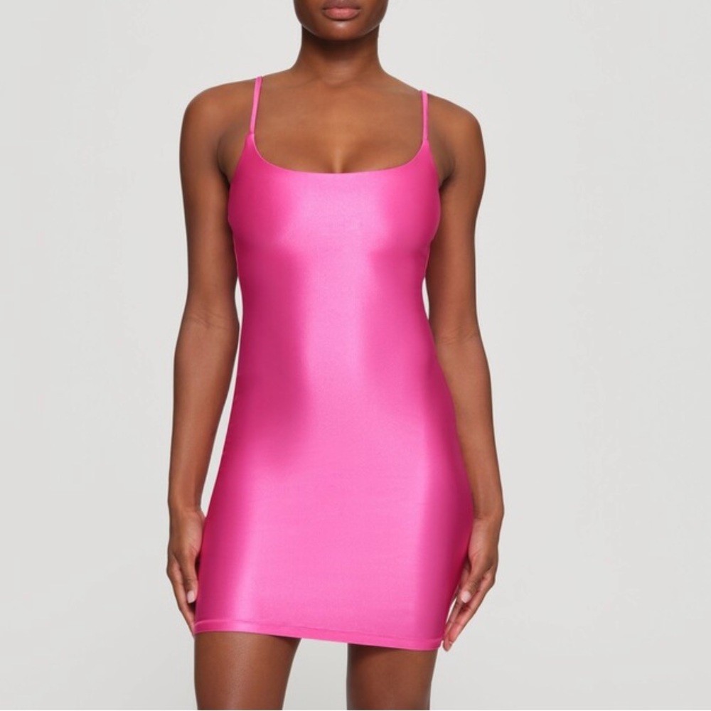 SKIMS Shine Spandex Jersey Mini Dress HOT PINK NWT Small SOLD OUT Designer Kim K